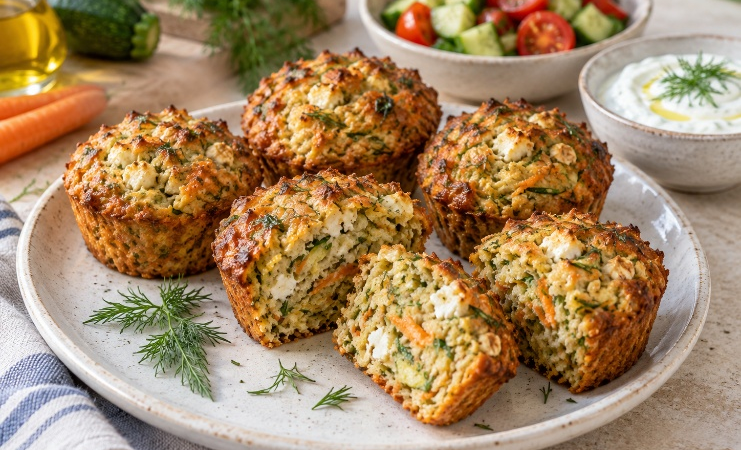 Αλμυρά muffins βρώμης με κολοκύθι, καρότο και φέτα