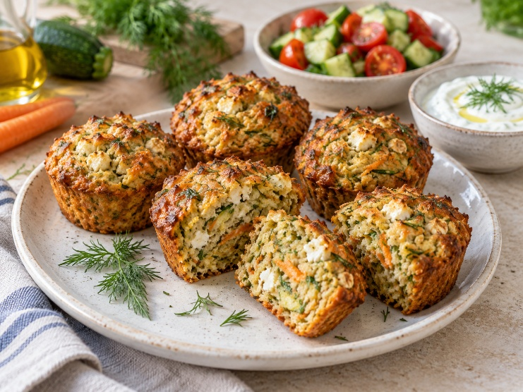 Αλμυρά muffins βρώμης με κολοκύθι, καρότο και φέτα